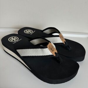Tory Burch Frankie Flip Flop Slip On Sandal Canvas Wedge Black Tan Womens Size 8